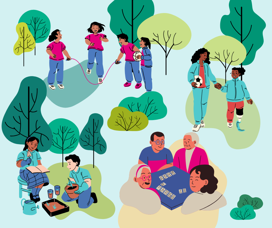graphics of various people doing activities in park including walking, gardening, jump rope