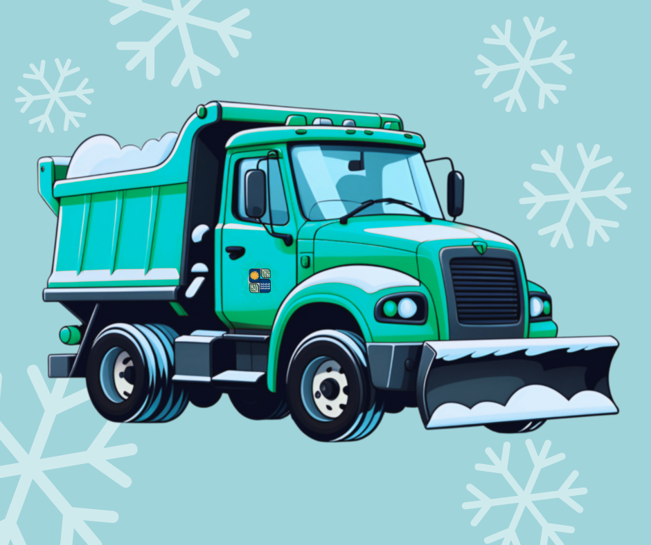 green snowplow on blue background with snowflakes